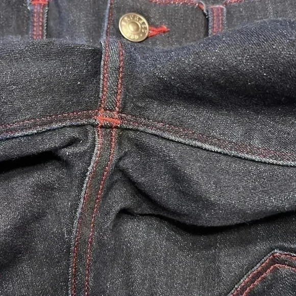 Express Dark Rinse Mid Rise Skinny Denim Jeans with Red Stitching Size 2P - Picture 10 of 11